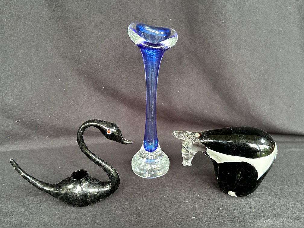 Cobalt Blue Glass Bud Vase and Art Glass Figurines