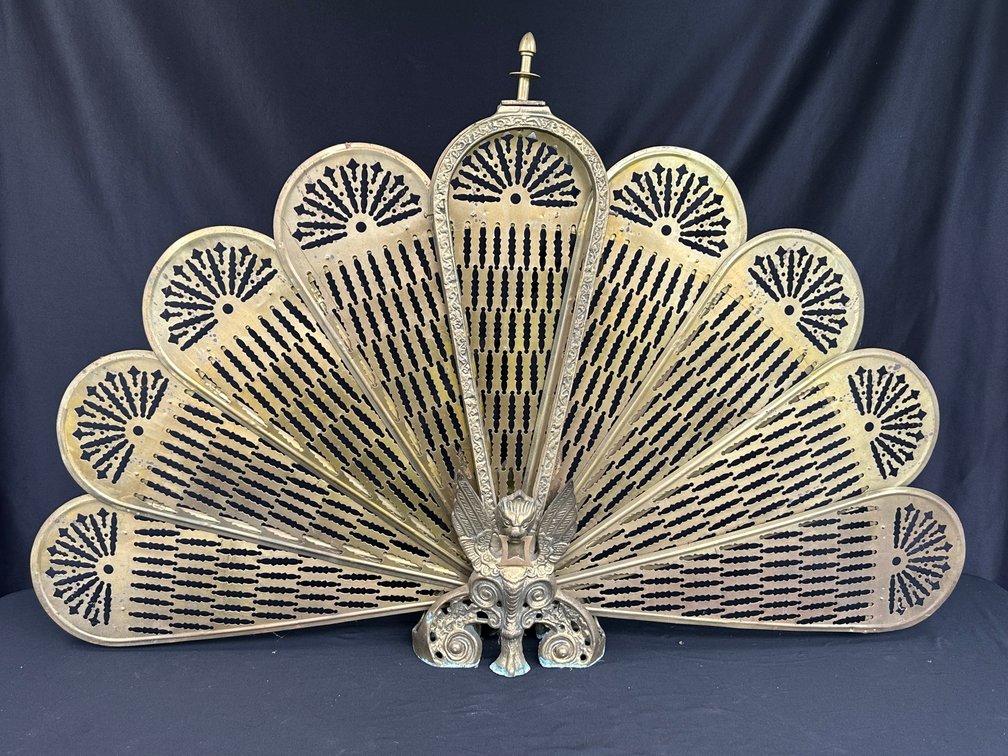 Ornate Cast Brass Folding Peacock Fan Fireplace Screen