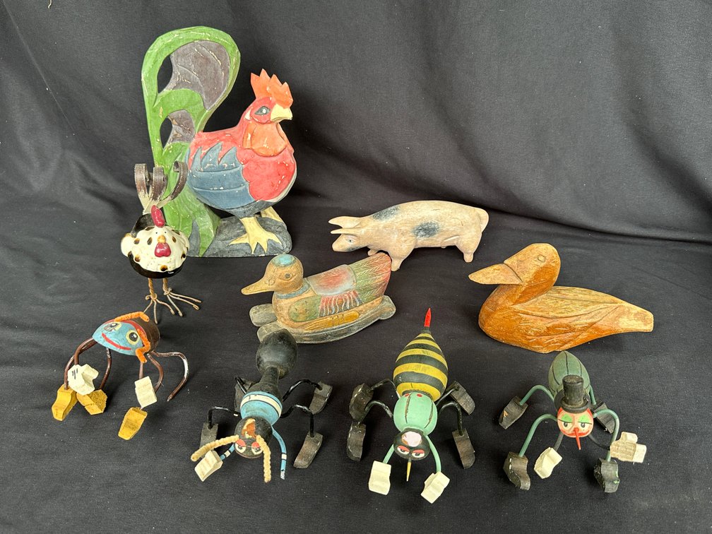 Carved Wood Ducks, Roosters, Novelty Insects, and More