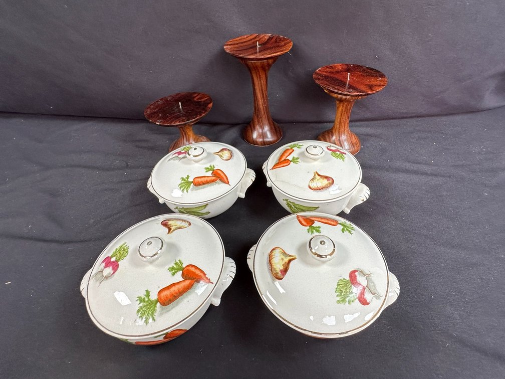 Ceramic Covered Dishes and Wood Pricket Candle Holders