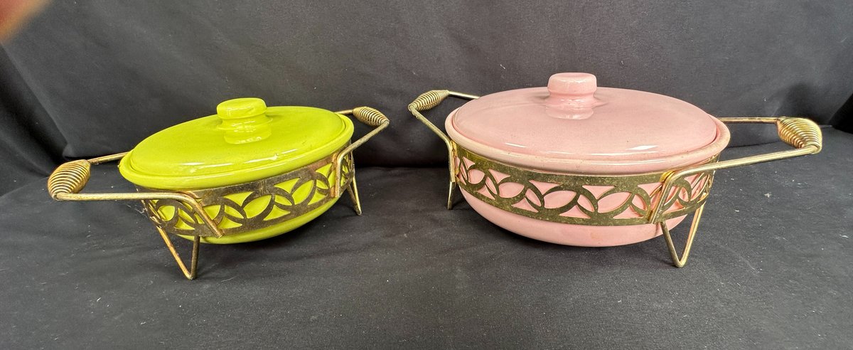 Bauer Ceramic Covered Casserole Dishes with Metal Caddies