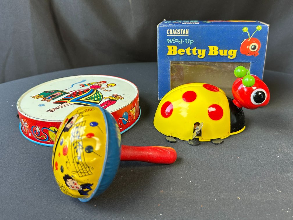 Wind-Up Bug Toy, Tin Toy Tambourine, and Tin Coin Bank