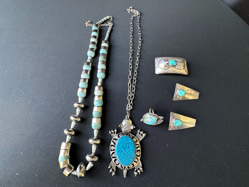 Silver-Tone and Turquoise Necklaces, Buckle, Ring, and Earrings