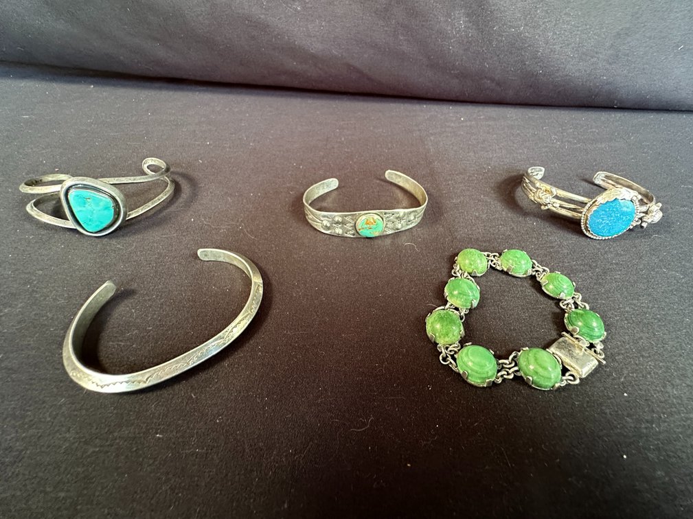 Silver-Tone Turquoise Cuff and Green Stone Link Bracelets