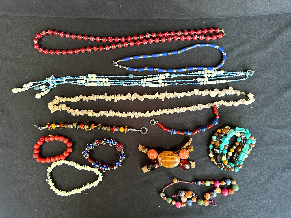 Beaded Necklaces, Bracelets, and Stone Hair Barrette