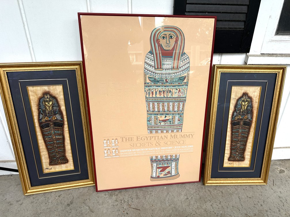 Framed Egyptian Mummy Poster and Papyrus Paintings