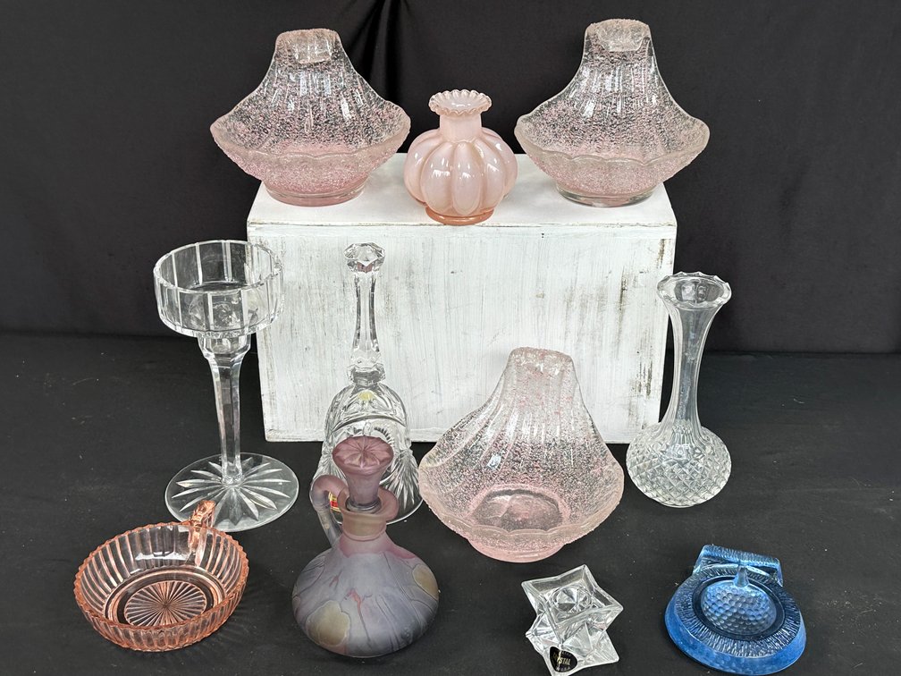 Cut Crystal Bell, Candleholders, Art Glass Cruet, and More