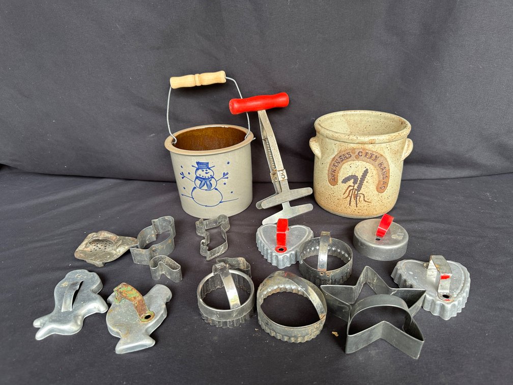 Stoneware Crocks, Food Chopper, and Cookie Cutters