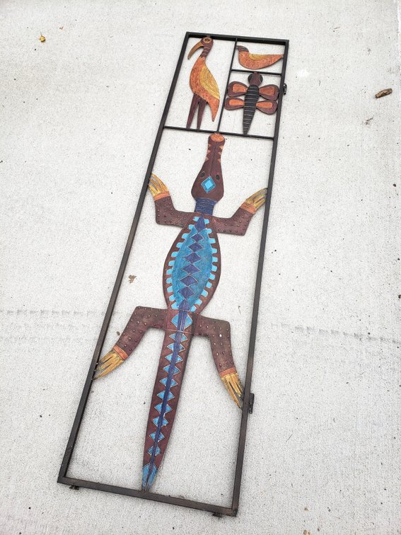 Painted Metal Lizard and Bird Decorative Screen Panel