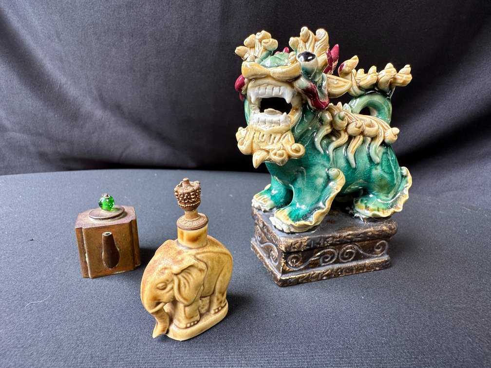 Glazed Ceramic Foo Dog, Miniature Teapot, and Elephant Bottle