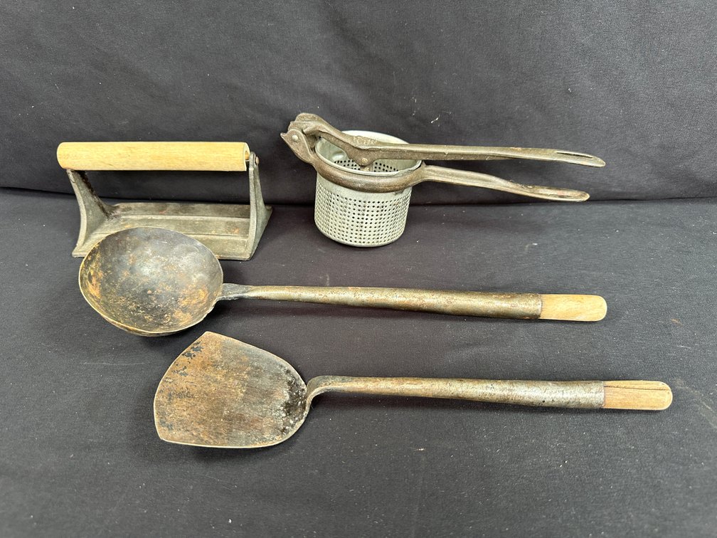 Cast Iron Bacon Press, Potato Ricer, Ladle, and Spatula