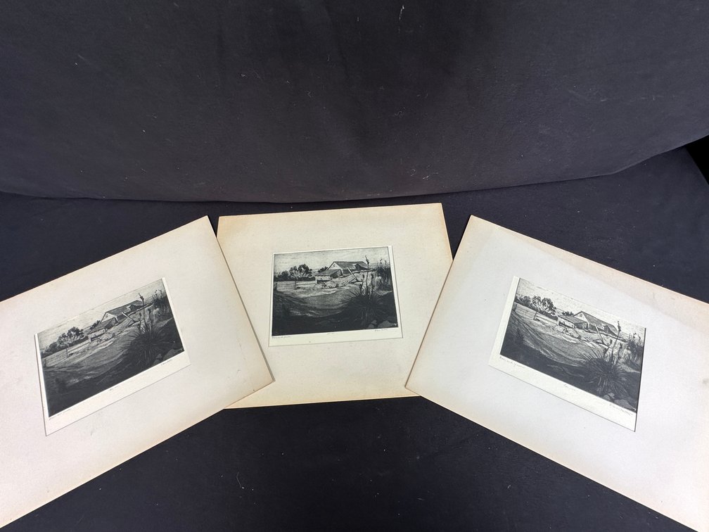 Clara Hatton "Barn and Yucca" Aquatint Etchings
