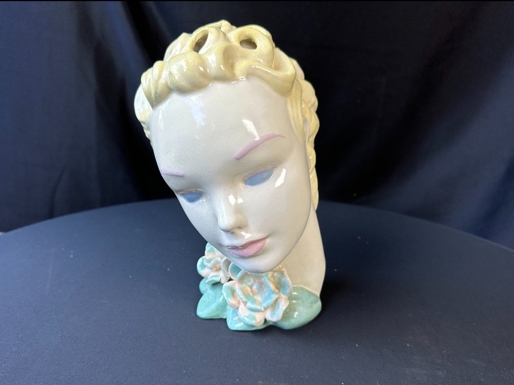Glazed Ceramic Lady Head Vase Flower Frog