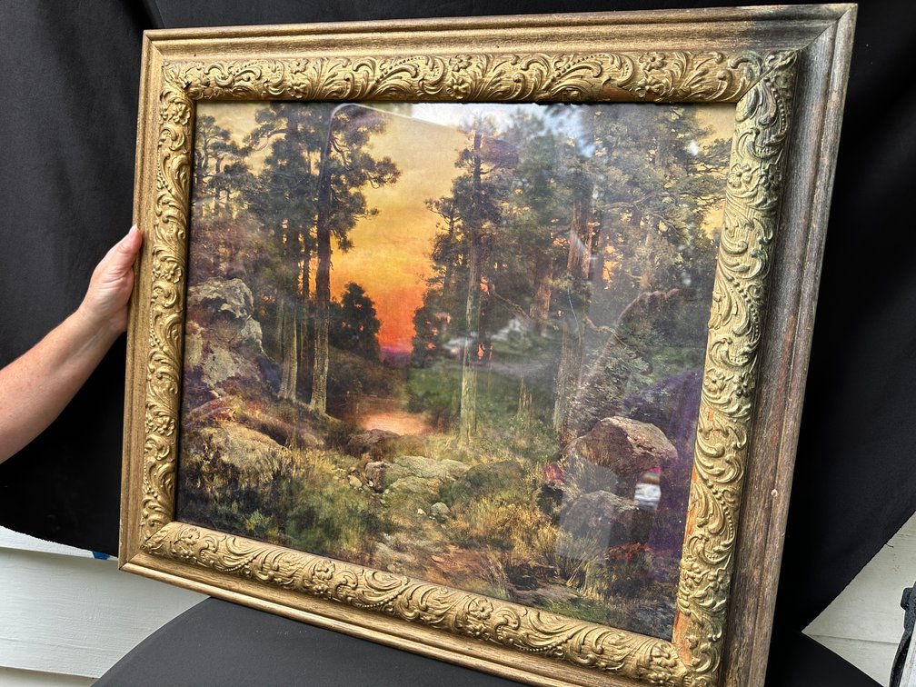 Framed Forest Sunset Landscape in Ornate Gilt Wood Frame