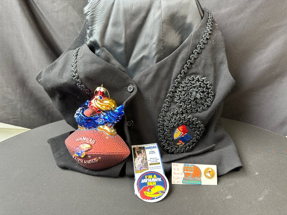 Kansas Jayhawks Memorabilia with Vest, Ornament, and Pins