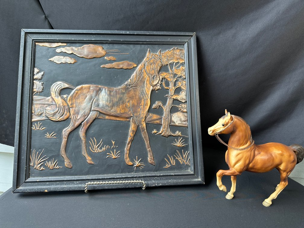 Framed Copper Relief Plaque and Model Horse Figurine
