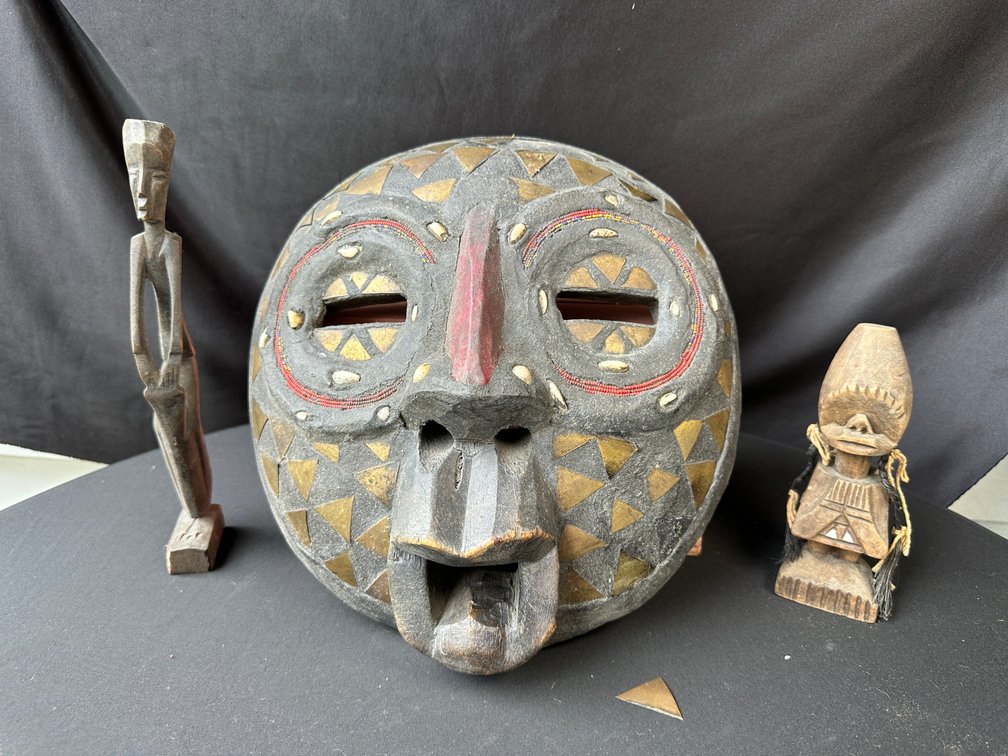 Carved Wooden Tribal Mask and Two Figures