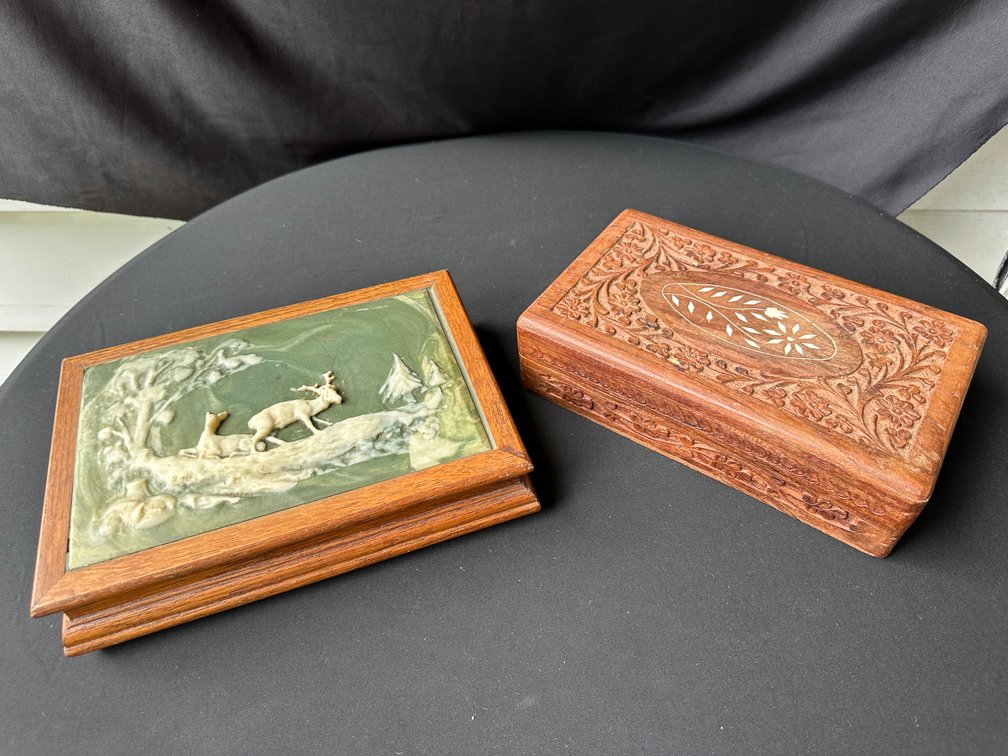 Carved and Relief Inset Wooden Trinket Boxes
