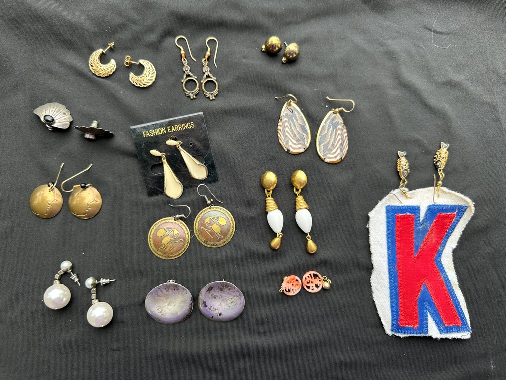 Costume Earrings and Embroidered Canvas Patch