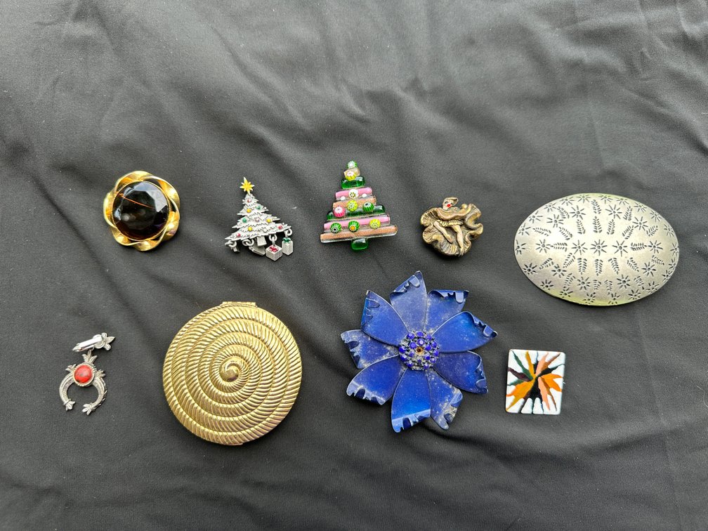 Costume Jewelry Brooches, Powder Compact, and More