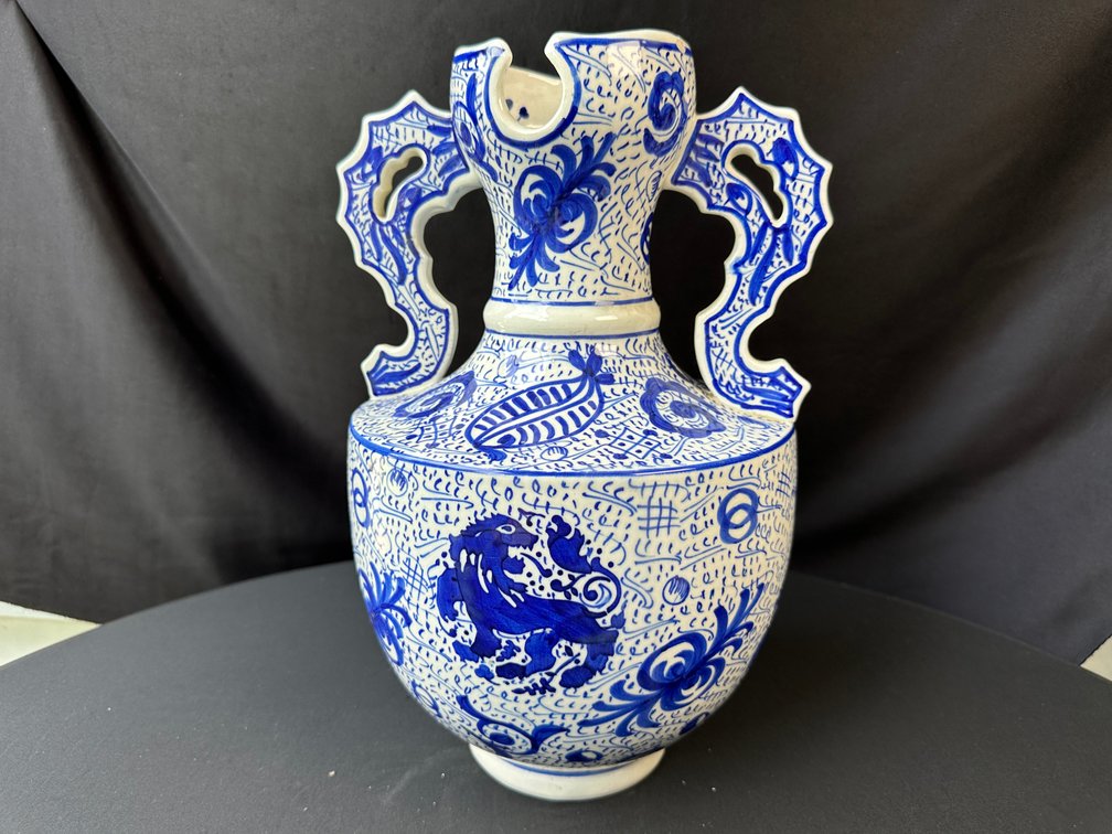 Blue and White Ceramic Double-Handled Vase and Pitcher