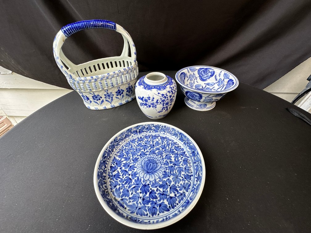 Blue and White Porcelain Basket, Jar, Bowl, and Dish