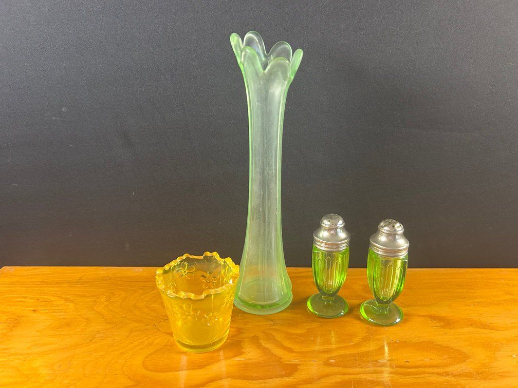 Uranium Vase and Salt & Pepper with Toothpick Holder