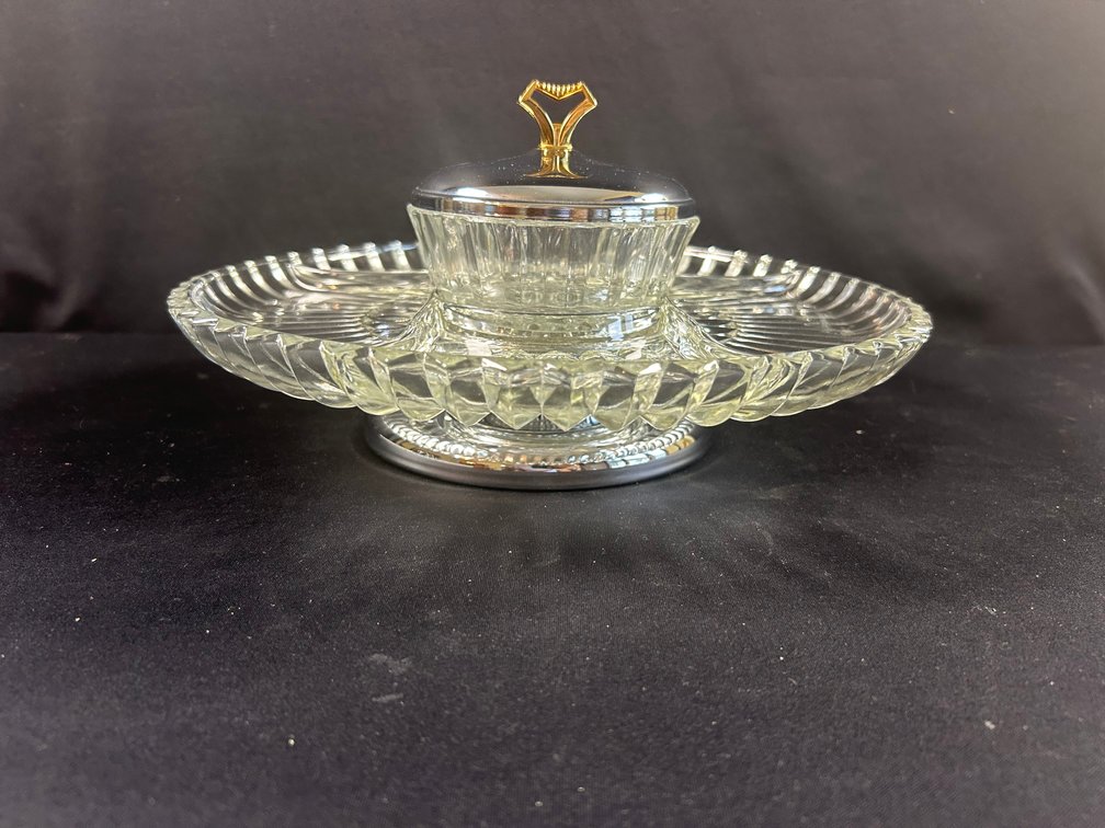 MCM Kromex Pressed Glass & Chrome Serving Tray