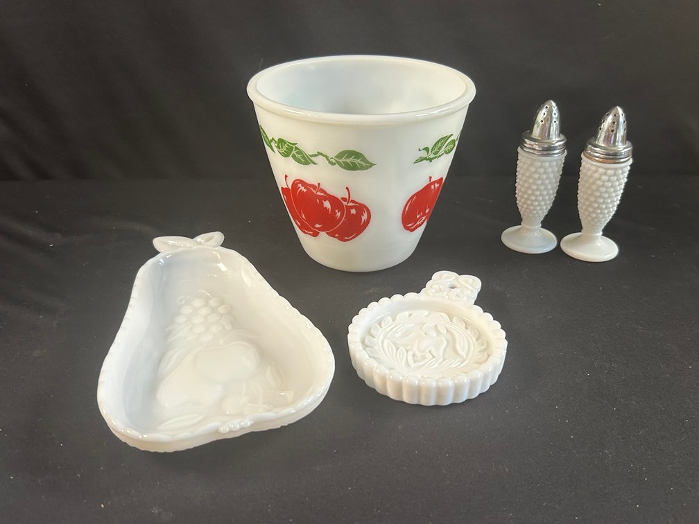 Milk Glass Bowl, Spoon Rests, and Shakers