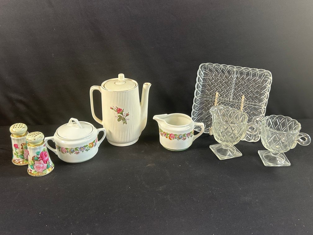 Handpainted Coffee Pot & Dishes with Glassware
