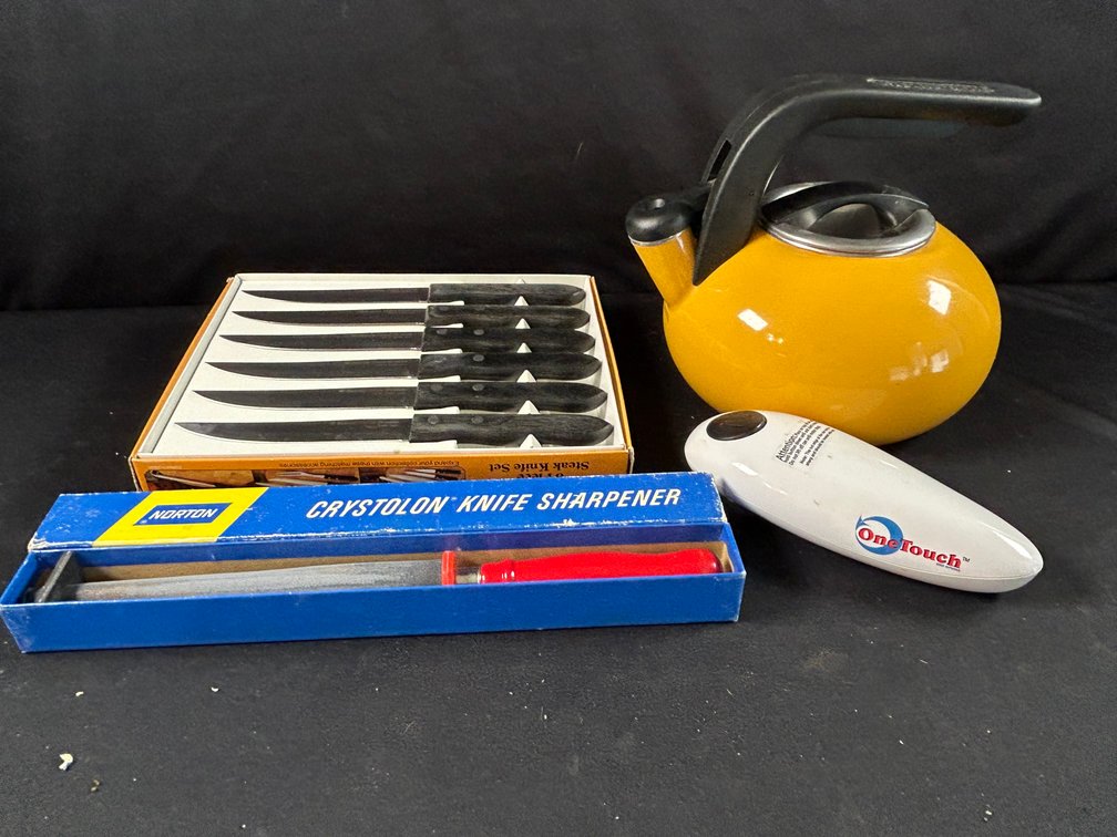 Teapot, Knives, Sharpener, & Can Opener