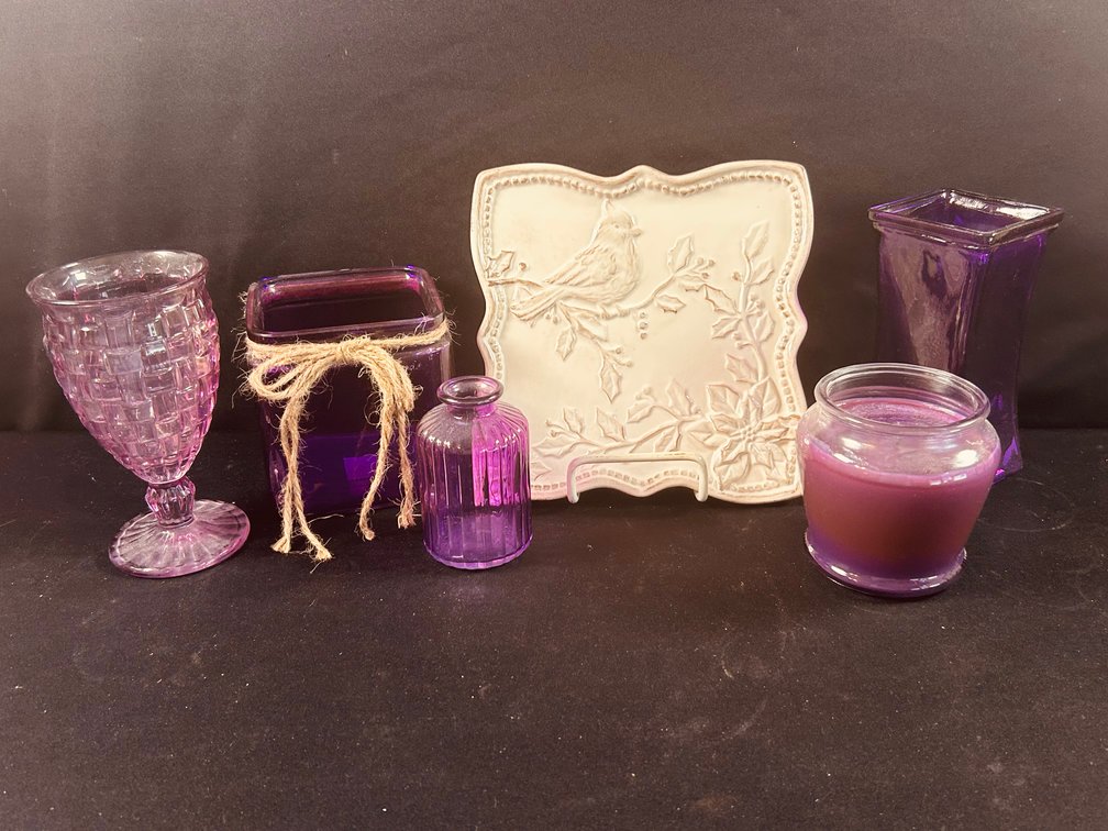 Purple Glassware with Cardinal Trivet