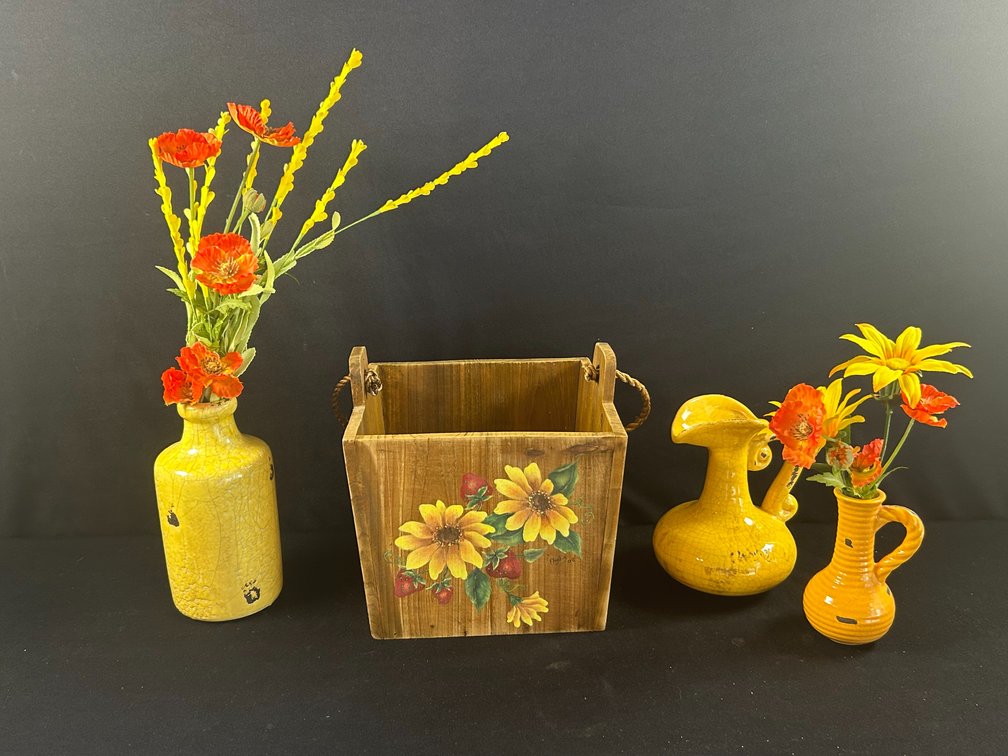 Wooden Box with Painted Sunflowers & Vases