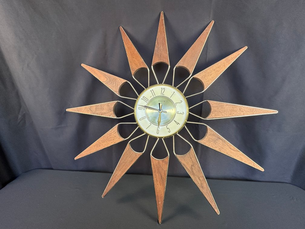 Elgin Wood and Brass-Tone Starburst Wall Clock