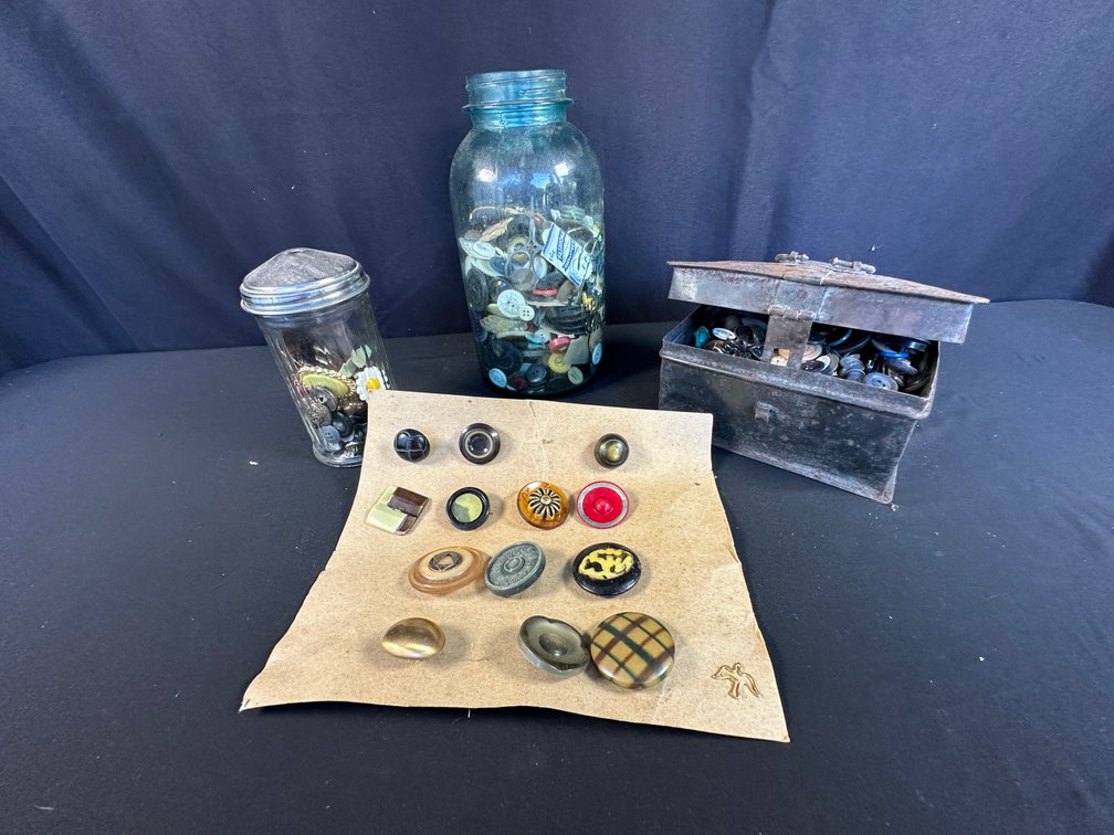 Glass Jars and Metal Box with Sewing Buttons and Jewelry