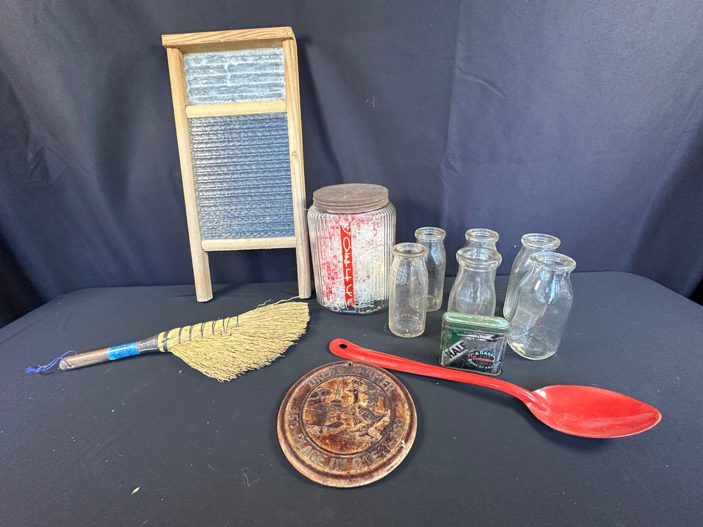 Glass Coffee Jar, Washboard, Whisk Broom, and More