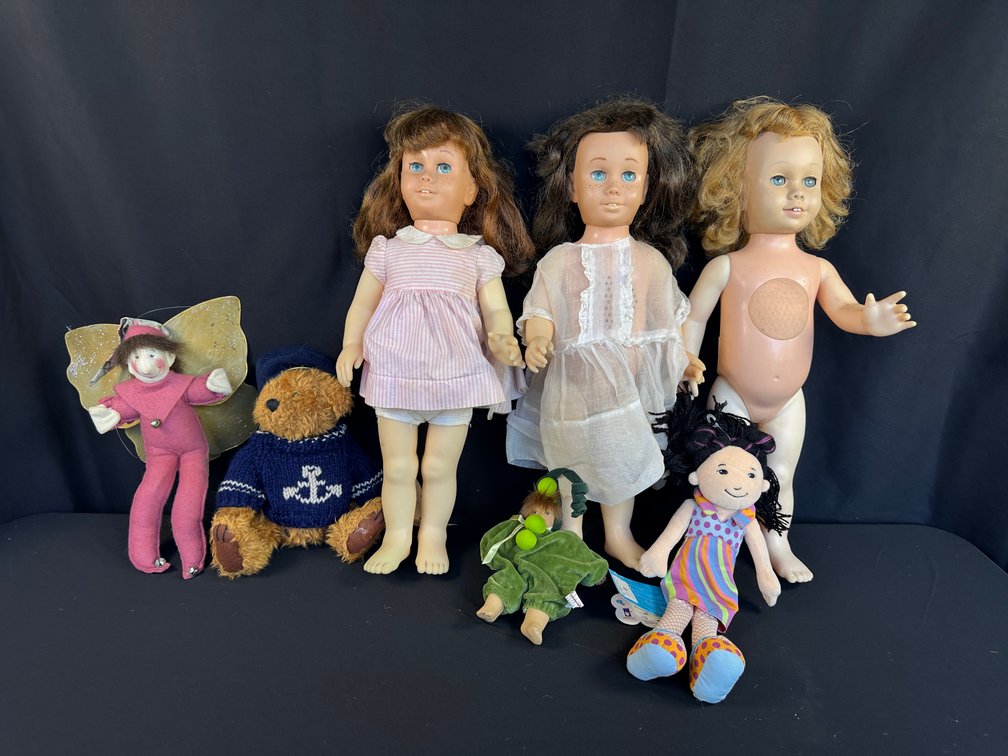 Vinyl Dolls, Plush Teddy Bear, and Cloth Dolls