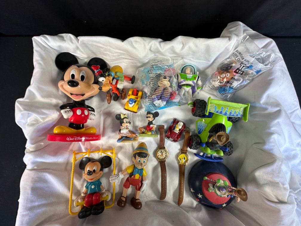 Character Figurines, Toy Vehicles, and Wristwatches
