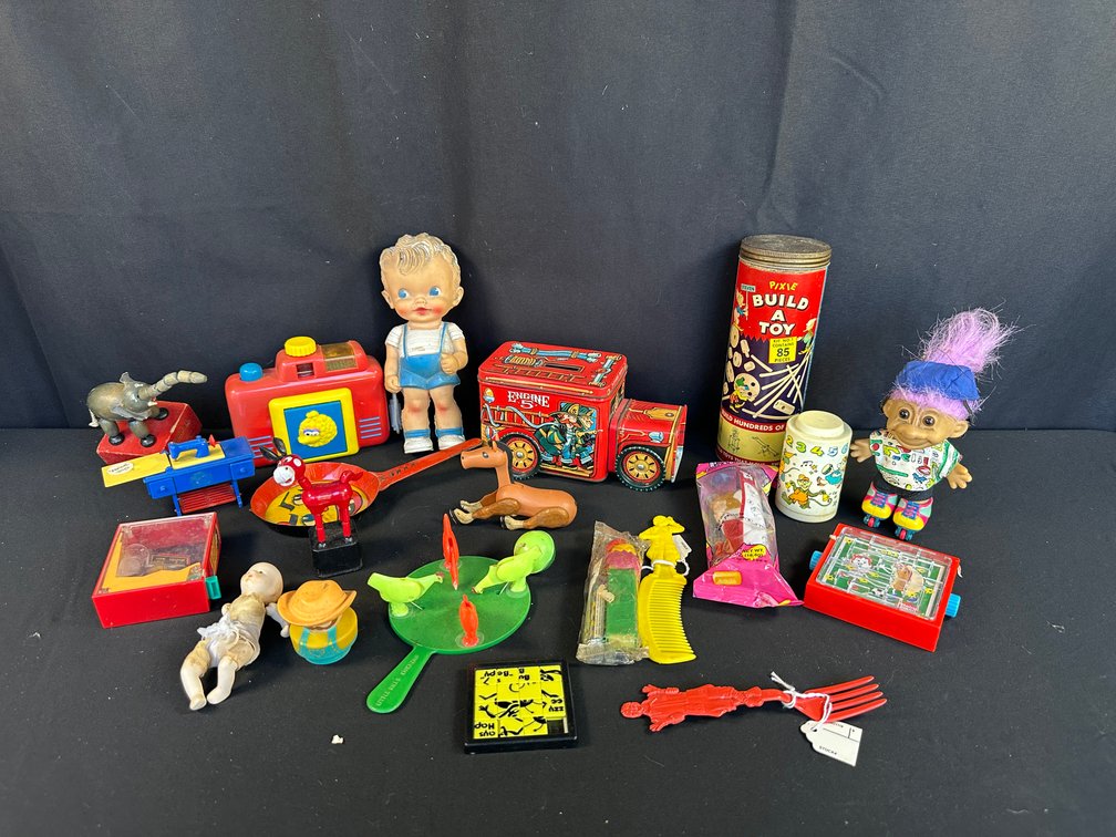 Tin Lithograph Toys, Dolls, Wooden Push Puppet, and Novelties