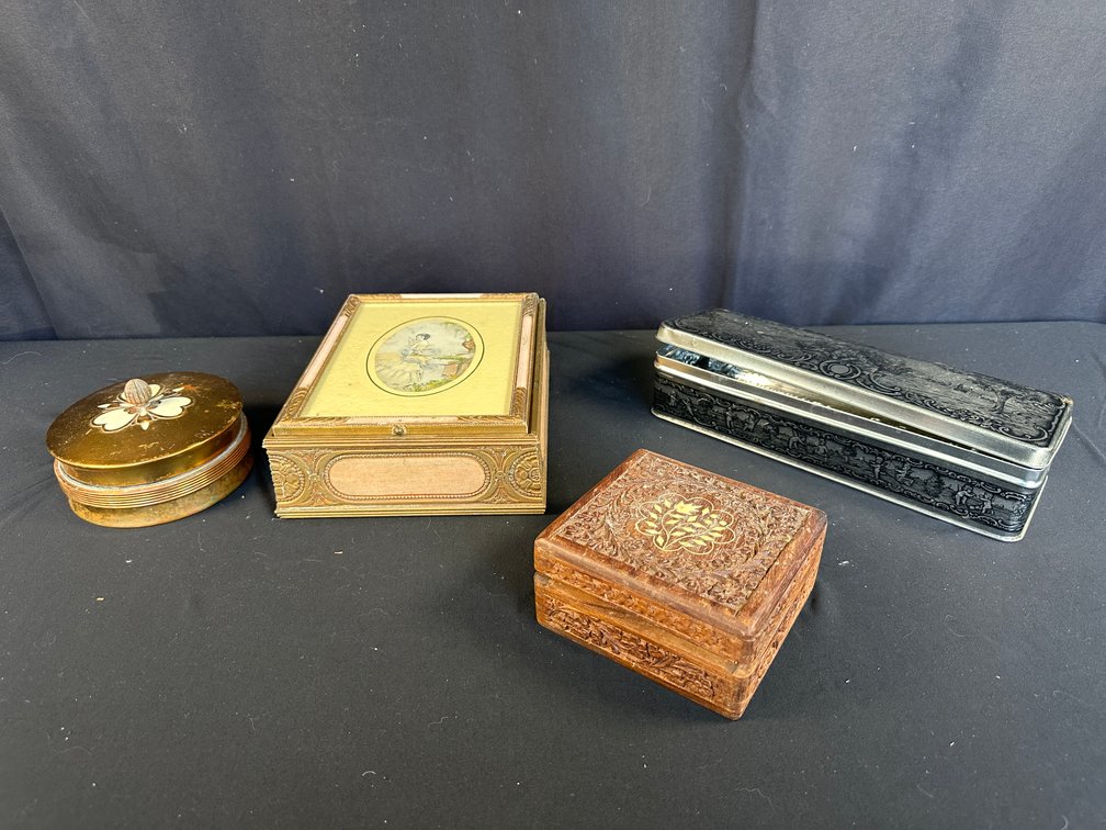Carved Wood, Gilt, and Metal Decorative Trinket Boxes