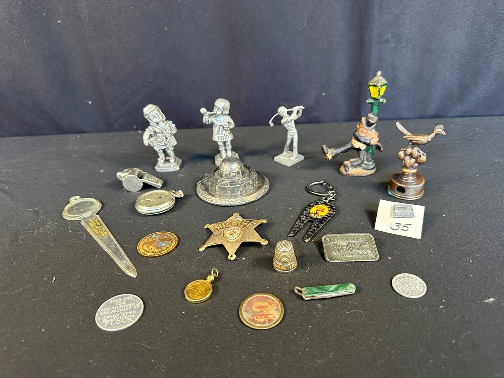 Cast Metal and Pewter Figures, Pocket Watch, Whistle, and More