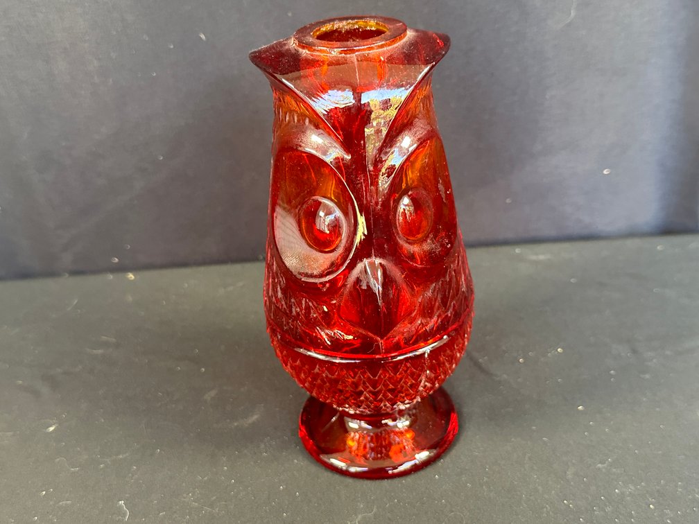 Ruby Red Amberina Pressed Glass Owl Covered Jar