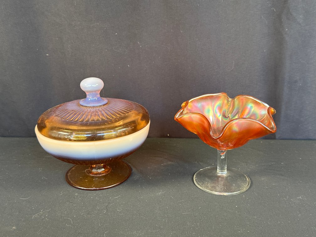 Amber Opalescent Covered Candy Dish and Marigold Compote