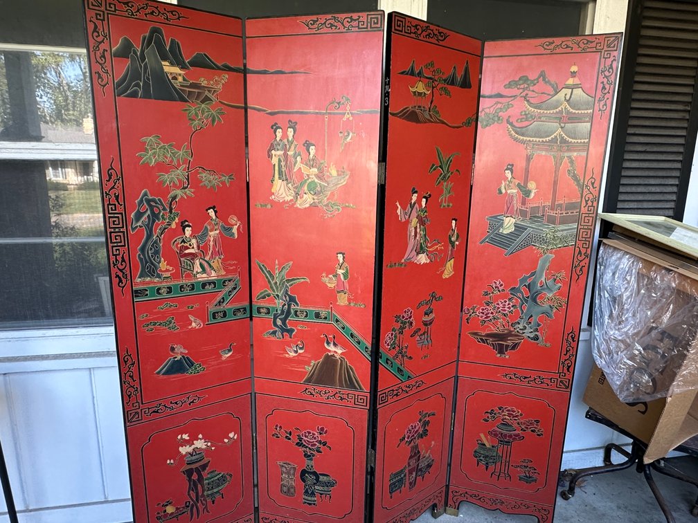 Chinese Red Lacquer Four-Panel Folding Screen