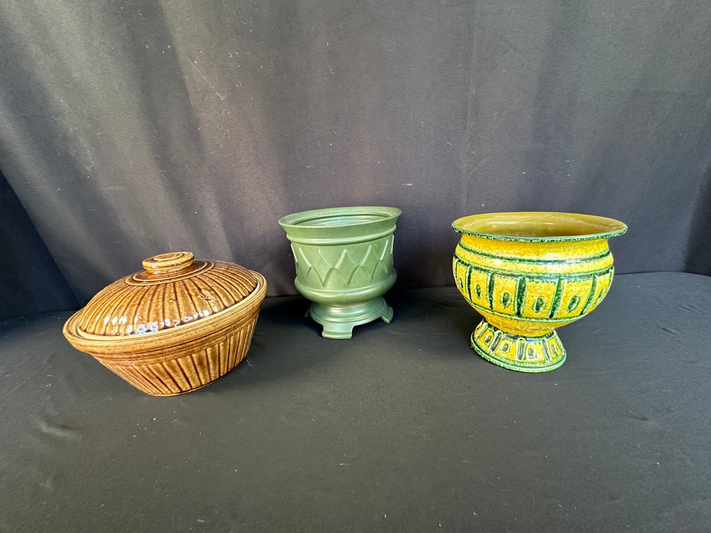 Glazed Ceramic Planters and Covered Bowl