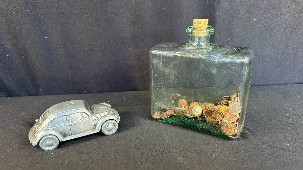 Cast Metal Car Bank and Green Glass Bottle with Pennies