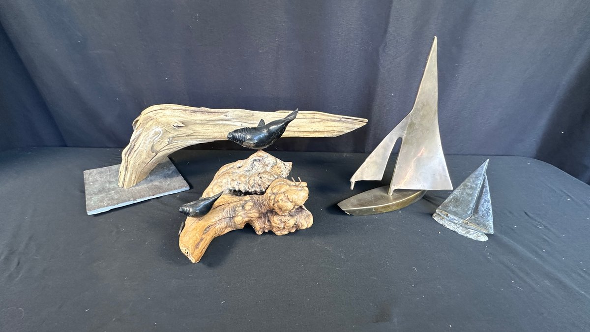 Driftwood, Burl Wood, and Metal Sailboat Sculptures