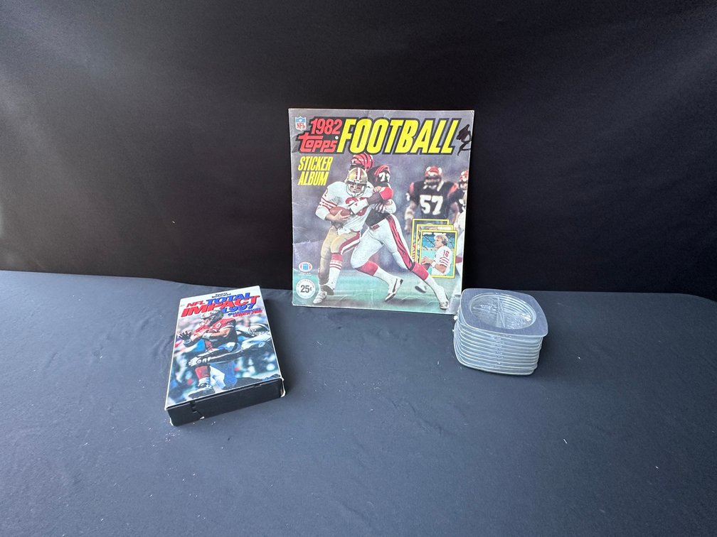 NFL 1982 Topps Football Sticker Album, VHS Tape, and Coasters