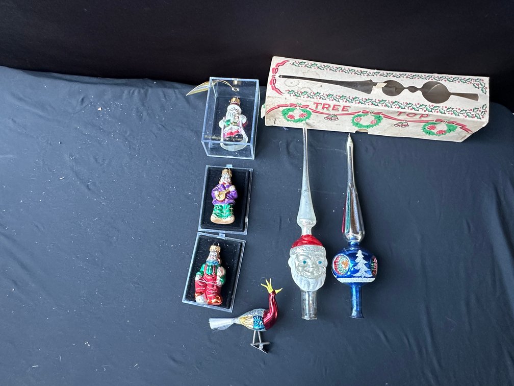 Glass Christmas Tree Toppers and Figural Ornaments