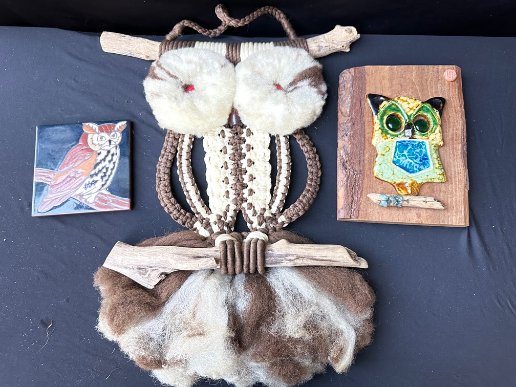 Macrame Owl Wall Hanging, Ceramic Plaque, and Tile